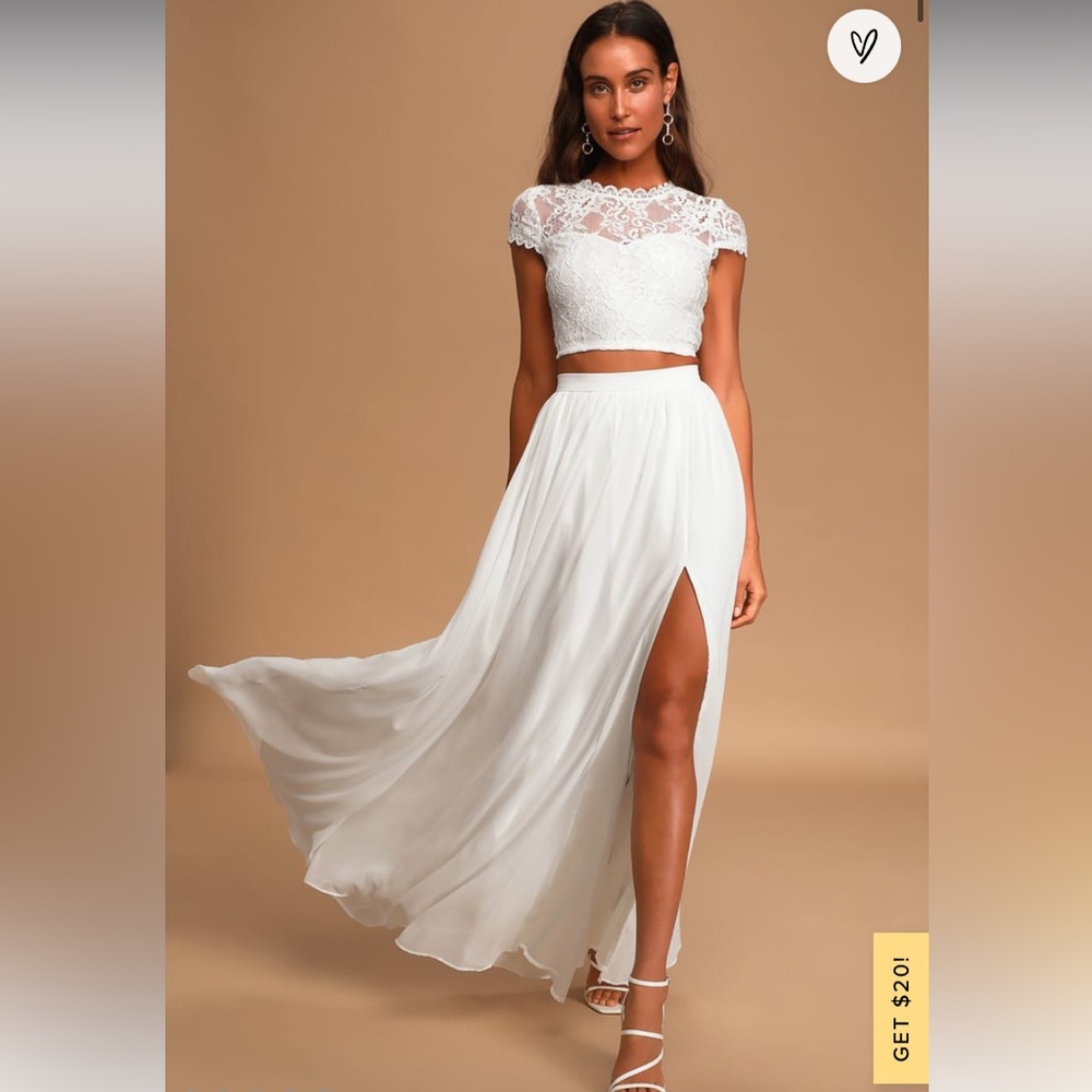 Lulu’s white bridal two piece lace crop and skirt